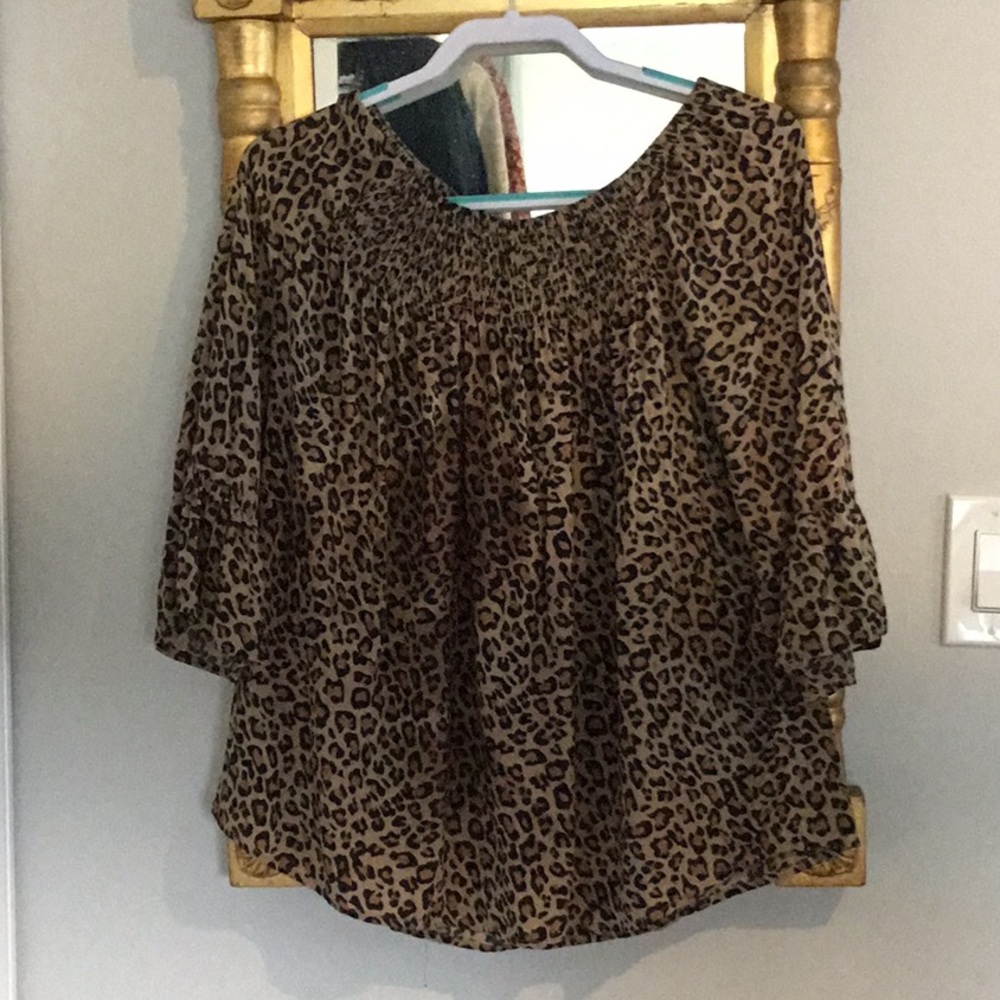 Beach lunch lounge animal print smocked top with ruffled 3/4 sleeve